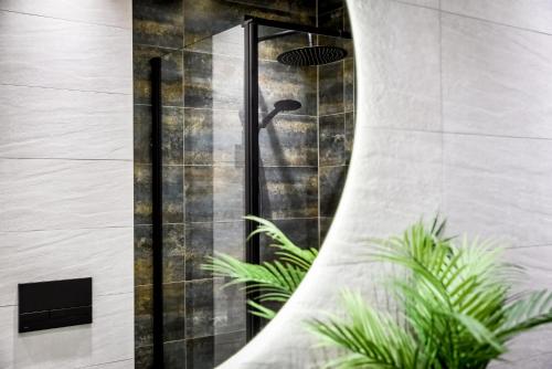 a shower with a glass door in a bathroom at Podtatrzańskie Apartamenty in Nowy Targ