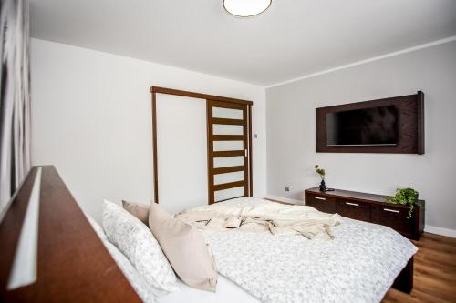 a bedroom with a bed and a tv on a wall at Podtatrzańskie Apartamenty in Nowy Targ