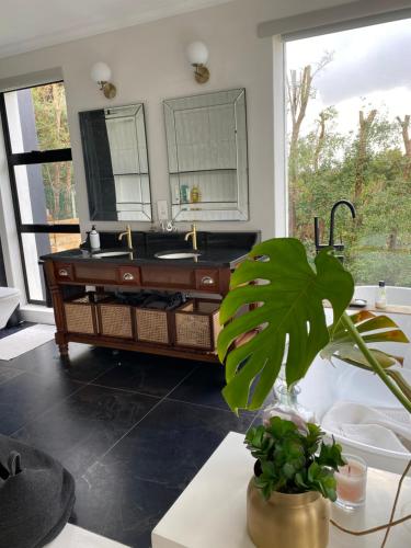 a bathroom with a sink and a large mirror at Constantia View Apartments OPERATIONAL DURING LOADSHEDDING in Cape Town