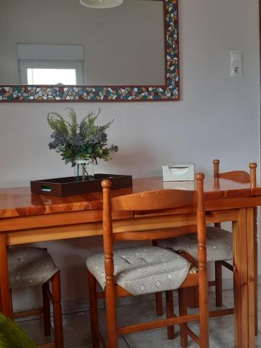 una mesa de madera con un espejo y una planta en ella en Vagelis 2 Nemea apartments en Neméa