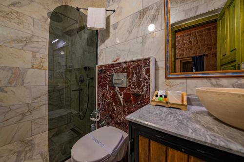 a bathroom with a shower and a toilet and a sink at Janus Cappadocia in Nevsehir