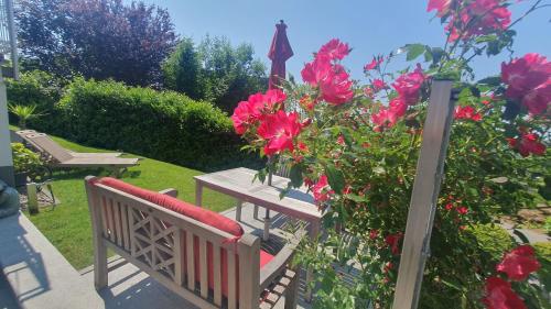 Ferienwohnung "Am Halbenstein" في هوربرانز: مقعد خشبي جالس بجوار شجيرة بها زهور حمراء