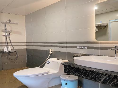 富國的住宿－Rosie Balcony Hotel Phu Quoc，一间带卫生间和水槽的浴室