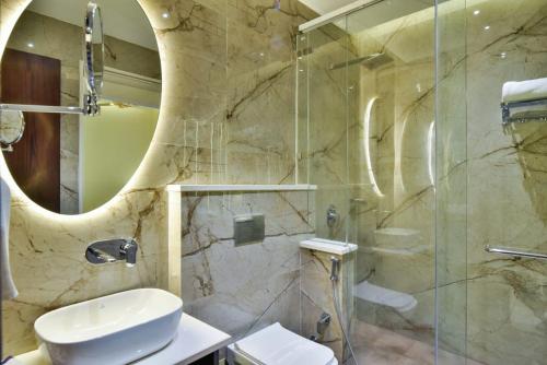 a bathroom with a shower and a sink and a toilet at HOTEL BR INTERNATIONAL in Amritsar