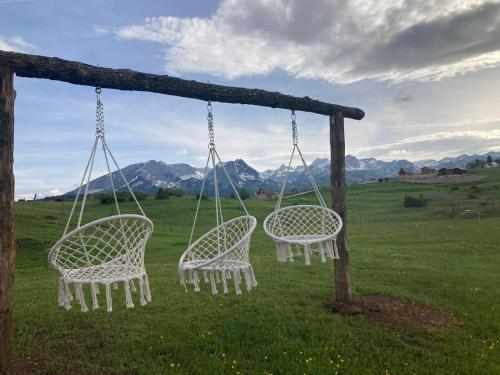 two chairs hanging on a swing in a field at Guest House Nena in Žabljak