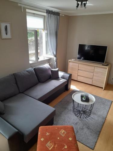 a living room with a couch and a flat screen tv at Ferienwohnung Pickel in Kottenheim