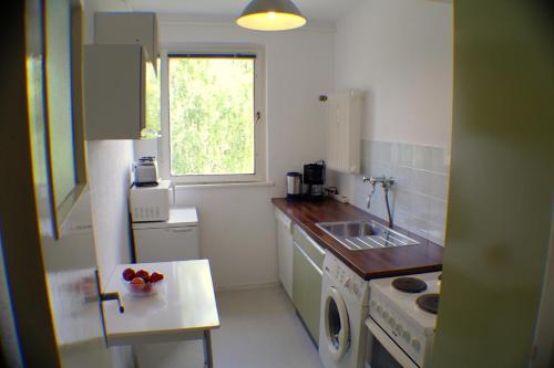 a small kitchen with a sink and a window at M M Central Vintage Family, Handwerker und Monteure Apartments in Berlin