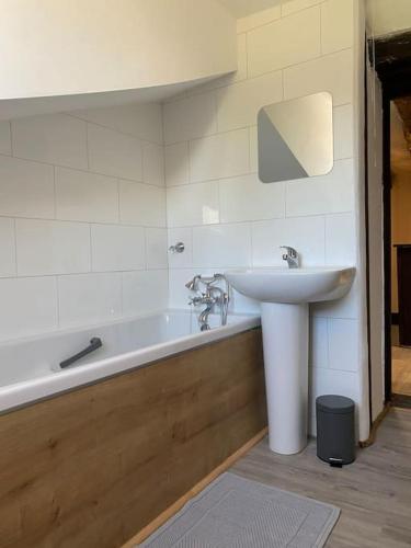une salle de bain avec un lavabo et une baignoire dans l'établissement Spacious 1 bed home with shared pool, à Champagnac-la-Rivière