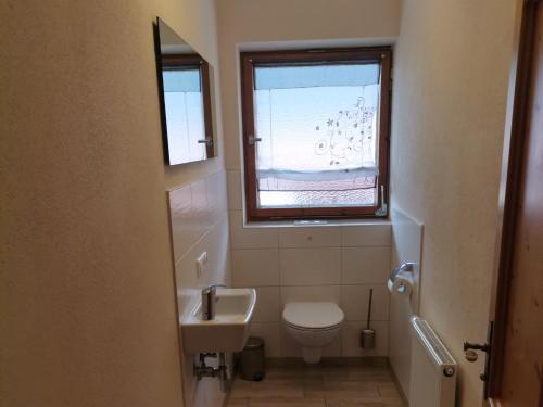 a bathroom with a toilet and a sink and a window at Ferienwohnung Hochstaufen - Chiemgau Karte in Inzell