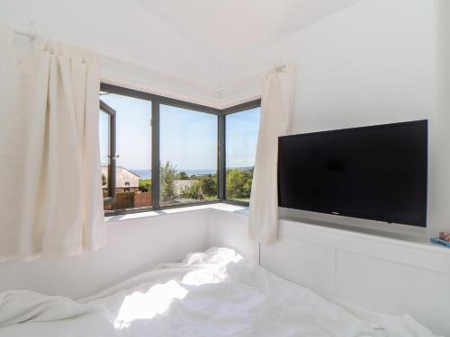 a bedroom with a flat screen tv and a bed at Little Pip in Penzance