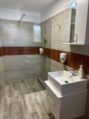 a bathroom with a sink and a shower at Pensiunea Vis Alpin Belis in Beliş