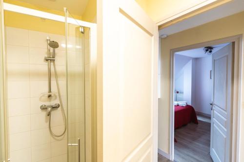 ein Bad mit Dusche und ein Schlafzimmer in der Unterkunft Le Pont Royal in Amboise