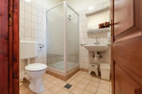 y baño con ducha, aseo y lavamanos. en Panoráma Hotel en Békéscsaba