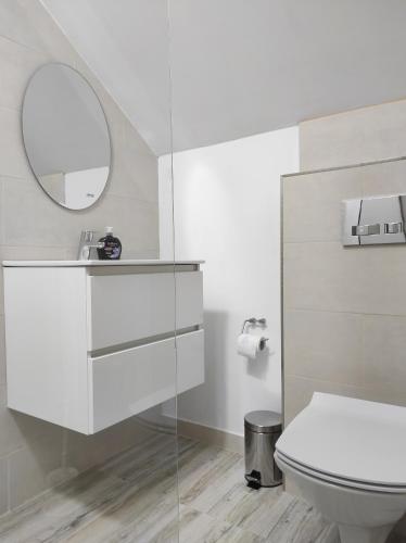ein weißes Bad mit einem WC und einem Spiegel in der Unterkunft Casa din livada Borlova in Borlova