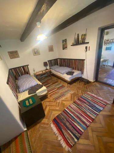 a living room with two beds and rugs on the floor at Tiszakanyar Vendégház in Tiszadada