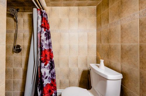 a bathroom with a toilet and a shower curtain at Nice Cozy Room By Empire City Casino And Cross County Mall in Yonkers