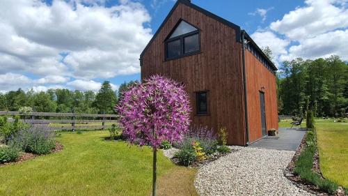 a wooden house with a purple bush in front of it at Zielone Wrzosowisko in Świętajno