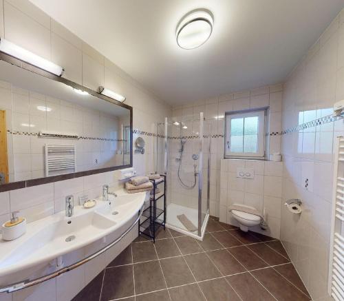 a bathroom with a sink and a shower and a toilet at Fischzucht Moser Apartments in Aschau