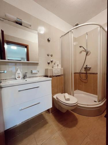 a bathroom with a shower and a toilet and a sink at Apartments Buljanovic in Pag