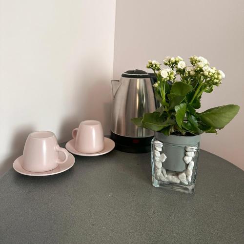 a table with a vase of flowers and a coffee maker at Appart O'key in Lure