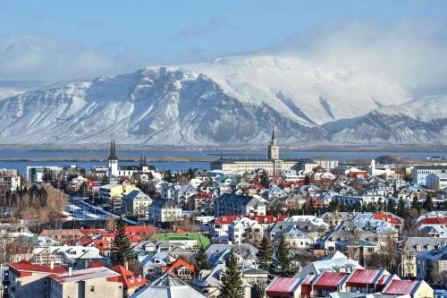 une ville avec une montagne enneigée en arrière-plan dans l'établissement Charming apartment, à Reykjavik