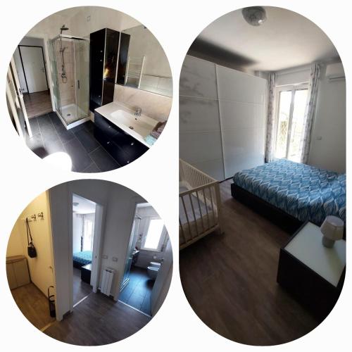 two pictures of a room with a bed and a bathroom at Casa Laura in Ventimiglia