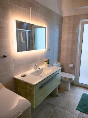 a bathroom with a sink and a toilet and a mirror at Κτήμα Κωνσταντινίδη in Preveza