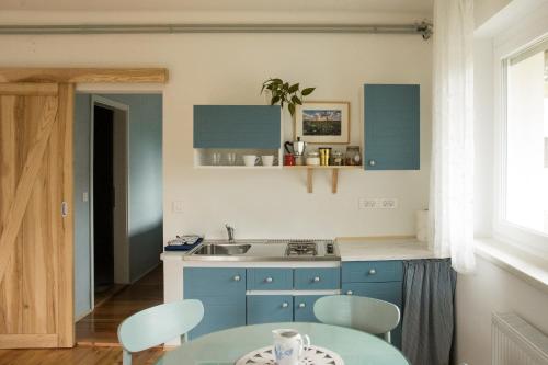 a kitchen with blue cabinets and a table at Quiet apartment with a terrace on Organic farm in Prevalje