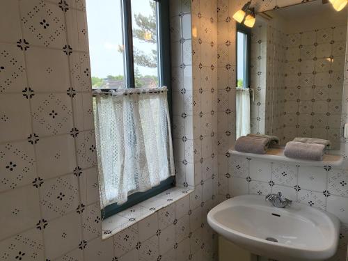 La salle de bains est pourvue d'un lavabo et d'un miroir. dans l'établissement Ferienwohnung "Emil", à Sankt Peter-Ording