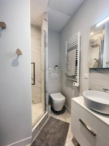 La salle de bains blanche est pourvue de toilettes et d'un lavabo. dans l'établissement Le Loulou de La Rochelle, à La Rochelle