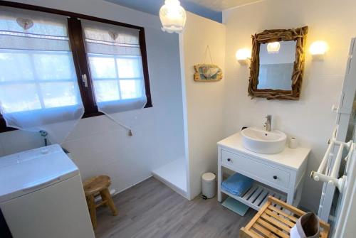 La salle de bains est pourvue d'un lavabo et d'un miroir. dans l'établissement Gîte Pachamama, à Cayeux-sur-Mer