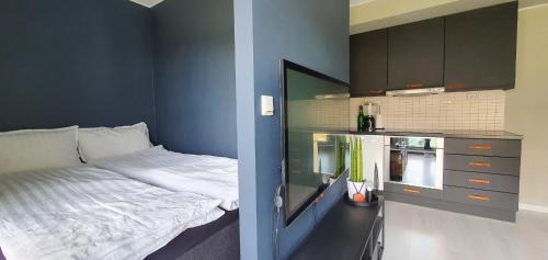 um pequeno quarto com uma cama e uma cozinha em Northern Dreams Apartment with free parking em Tromsø