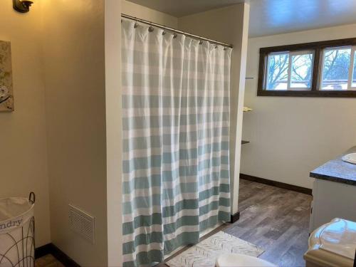 a bathroom with a shower with a checkered shower curtain at Serene Home One Block From Lake Michigan in Sheboygan