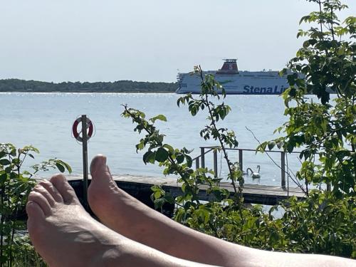 a statue of a person laying in a hammock near the water at Aspö Glamping in Drottningskär