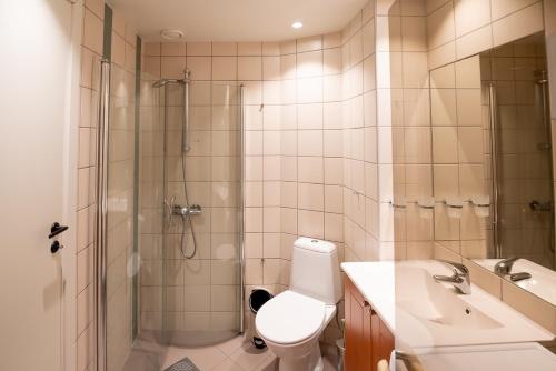 a bathroom with a toilet and a shower and a sink at Høyfjellsgrend 961, 29 B in Trysil