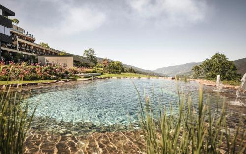 a large pool of water with mountains in the background at Santre dolomythic home in Bressanone