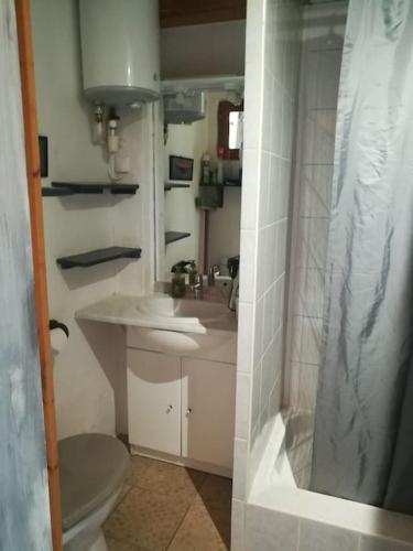 une salle de bain avec toilettes, lavabo et douche dans l'établissement 1. Ty gwalarn, vue sur la lande, dunes et océan, à Saint-Jean-Trolimon