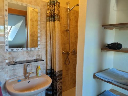 La salle de bains est pourvue d'un lavabo et d'une douche avec un miroir. dans l'établissement Aušras Mansarde, à Nido