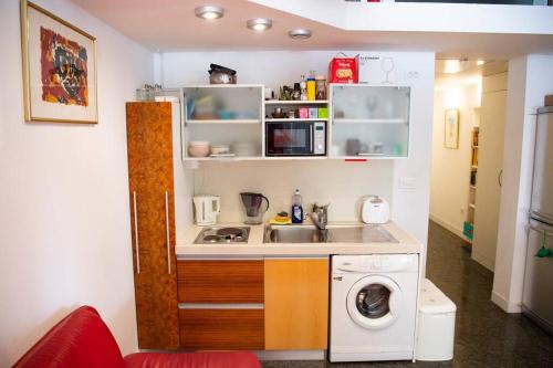 eine Küche mit einer Spüle und einer Waschmaschine in der Unterkunft LightBox Central in Ljubljana