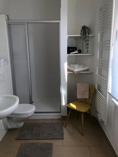 a bathroom with a shower and a toilet and a chair at In der Mühlenstraße in Malchow