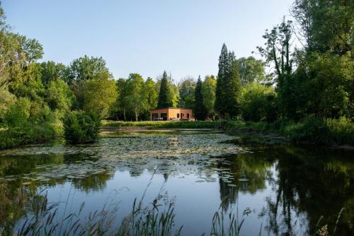 a house in the middle of a river with trees at Le Nichoir du Marais - écolodge in Ponts-et-Marais