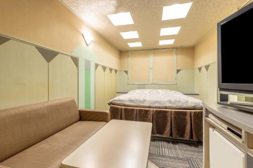 a room with a couch and a flat screen tv at リトルドルフィン岐阜 -大人専用- in Gifu
