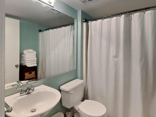 La salle de bains est pourvue de toilettes blanches et d'un lavabo. dans l'établissement Lost Skye 46, à Perdido Key