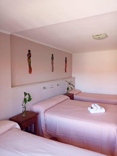 two beds in a room with pink sheets at Hotel Valle Del Sol in Merlo