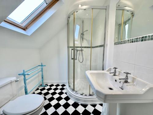 a bathroom with a shower and a sink and a toilet at Laurel Cottage Sandsend in Sandsend