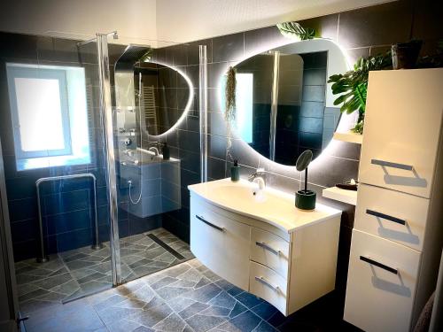 een badkamer met een wastafel en een douche met een spiegel bij Gite Domaine Des Pierres Blanches in Belmontet