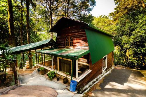 uma pequena cabana na floresta com um telhado verde em Cabañas Lunas del Poás 