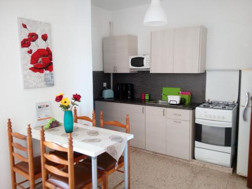 uma cozinha com uma mesa com cadeiras e um frigorífico em Elenapa Holiday Apartments em Agia Napa