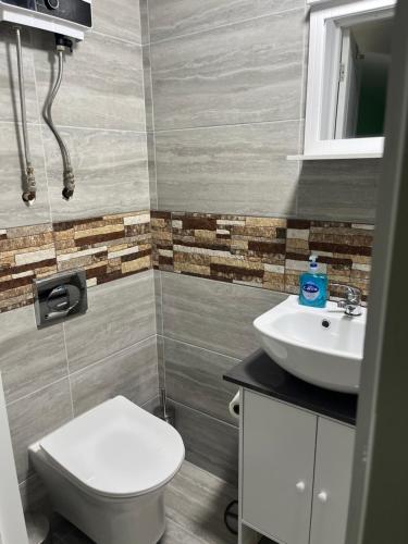 a bathroom with a toilet and a sink at Cozy room with full bathroom in Dagenham