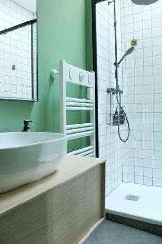 une salle de bain avec un lavabo et une douche dans l'établissement Appartement Friends, à Rouen